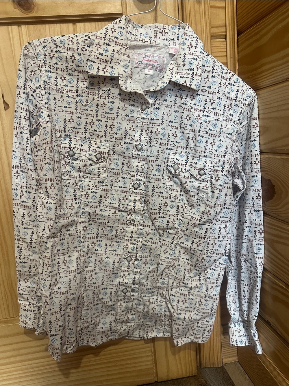 Panhandle Slim Cream Button-Down Shirt with Blue & Brown Pattern